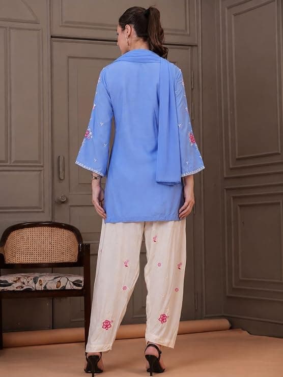 Women's Blue Embroidered Kurta with Salwar and Dupatta Set view 3