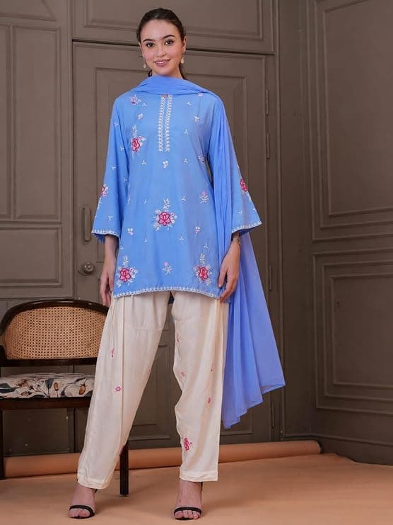 Women's Blue Embroidered Kurta with Salwar and Dupatta Set view 2