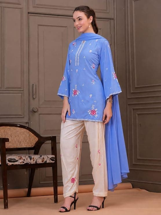 Women's Blue Embroidered Kurta with Salwar and Dupatta Set